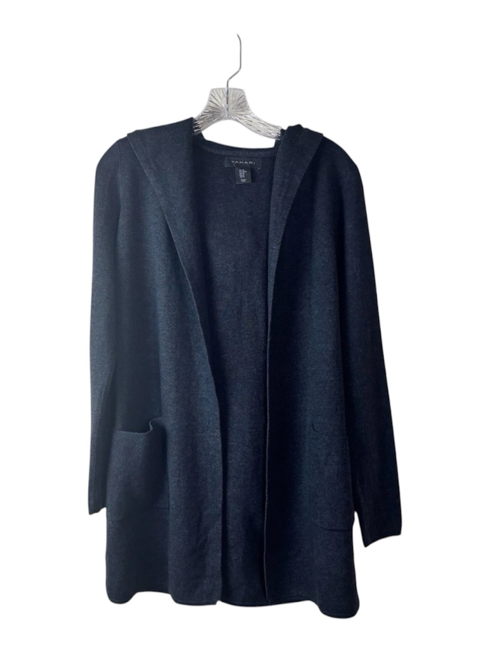 Tahari Hooded Gray Size XS Open Front Pockets Cardigan Lagenlook Academia